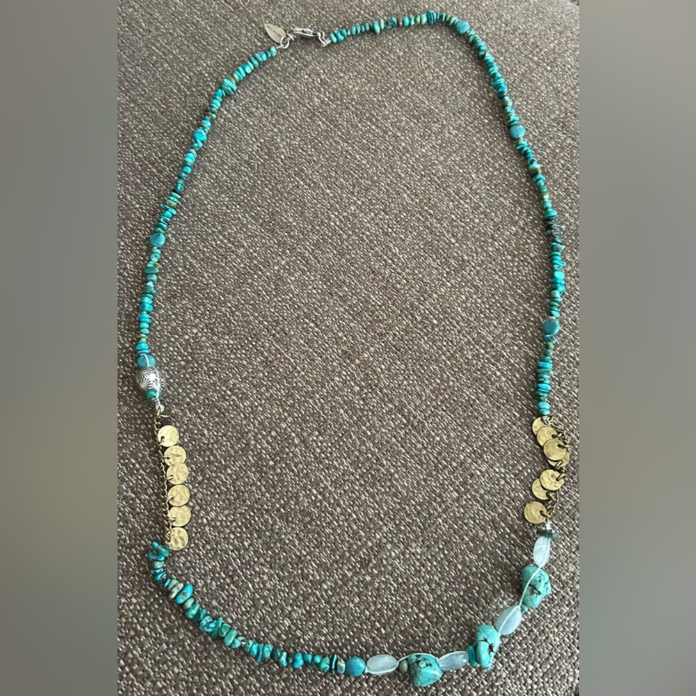 COLDWATER CREEK 36" Howlite Turquoise Brass Silver Necklace Belt Bracelet.